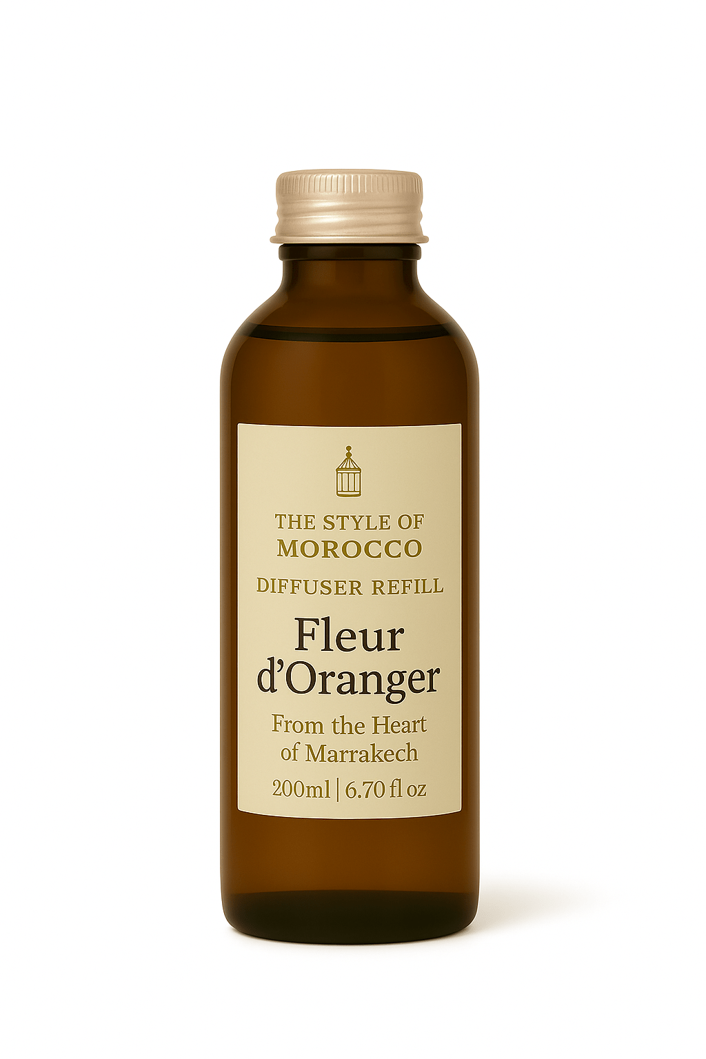 Een flesje van 200 ml Diffuser Refill met Marokkaanse geuren, omgeven door elegante verpakking.