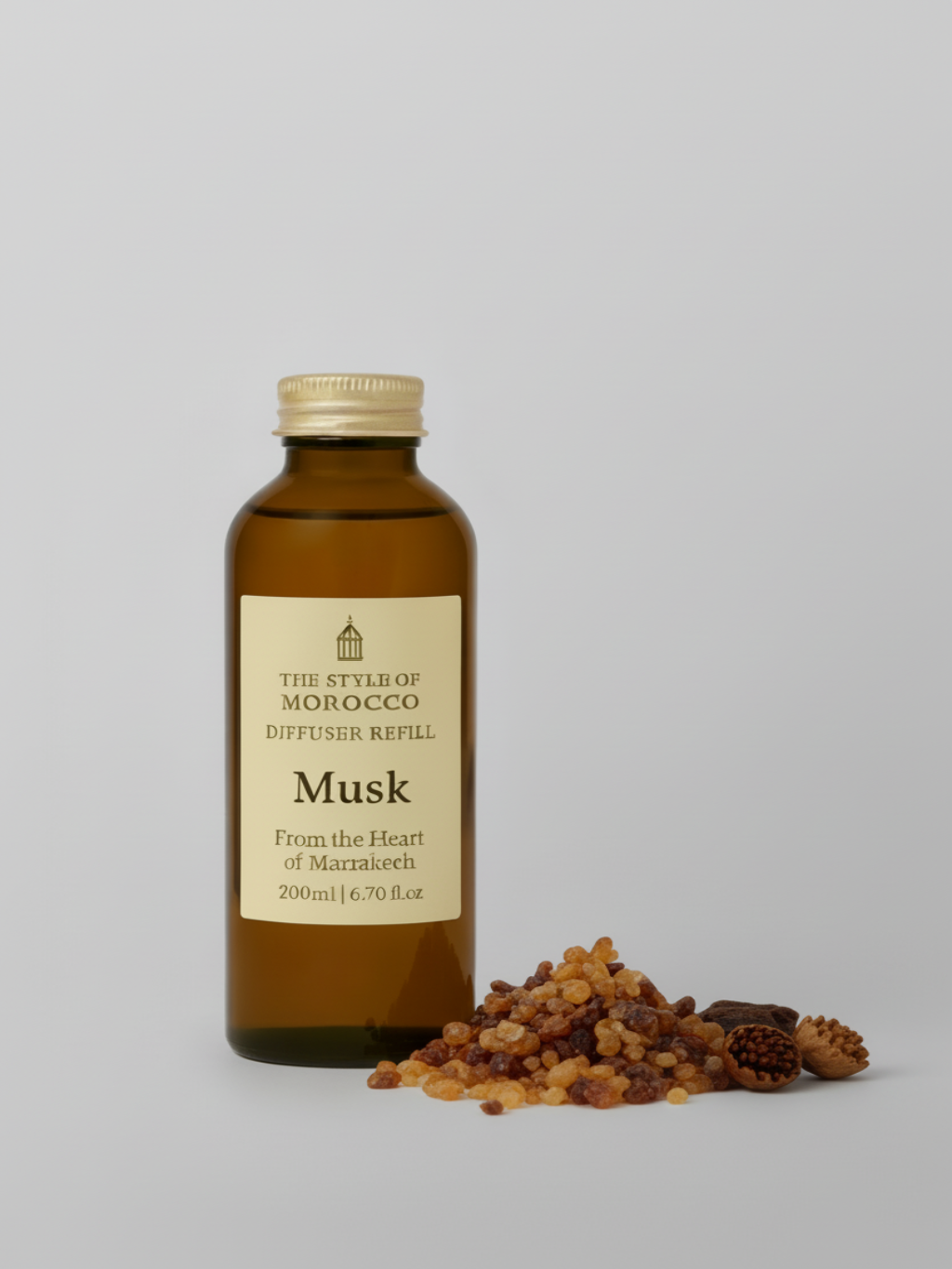 Afbeelding van een 200 ml diffuser navulling van The Style of Morocco in een elegante fles.