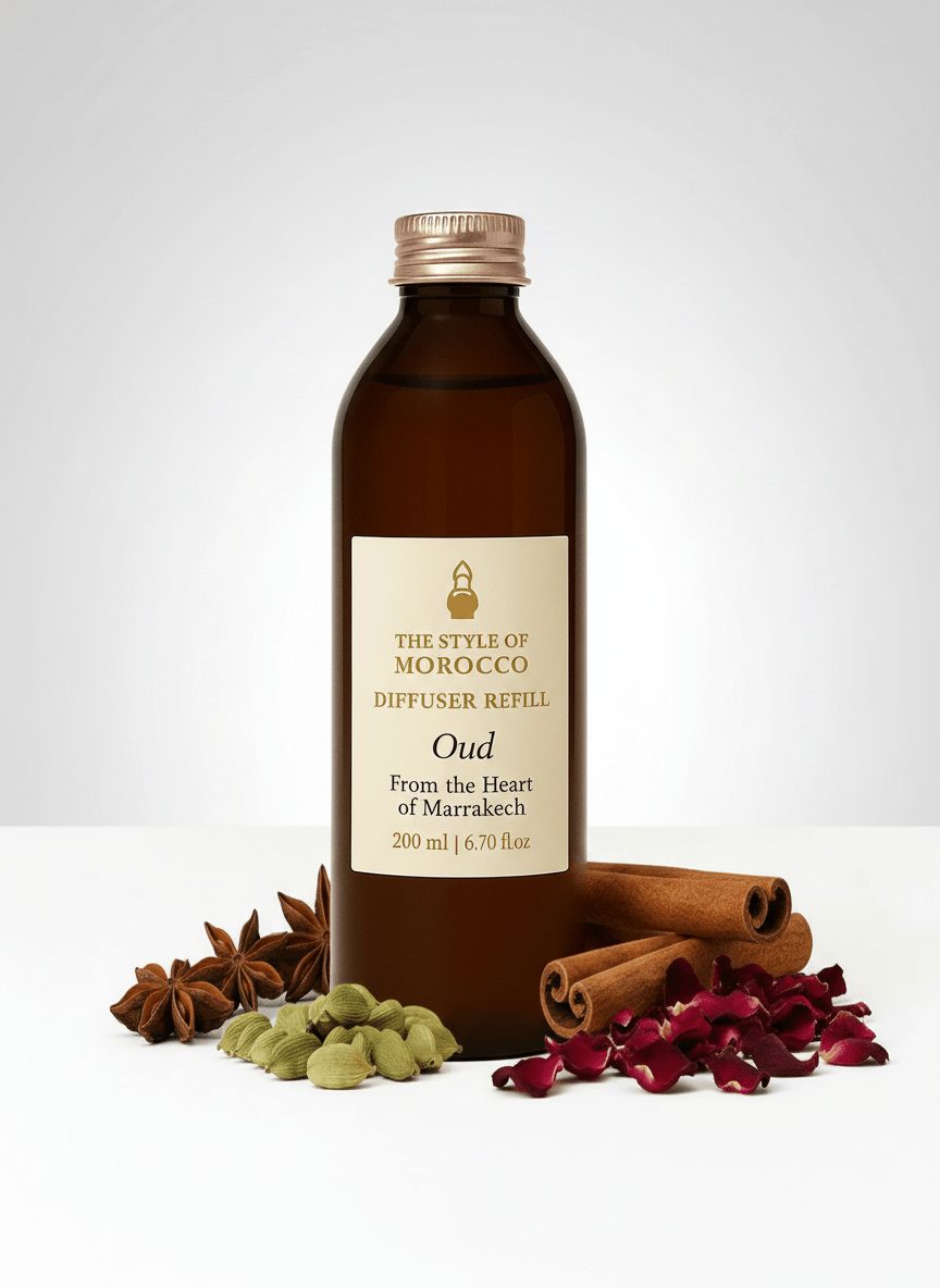 Afbeelding van een 200 ml Diffuser Refill fles van The Style of Morocco, met Marokkaanse geuren.
