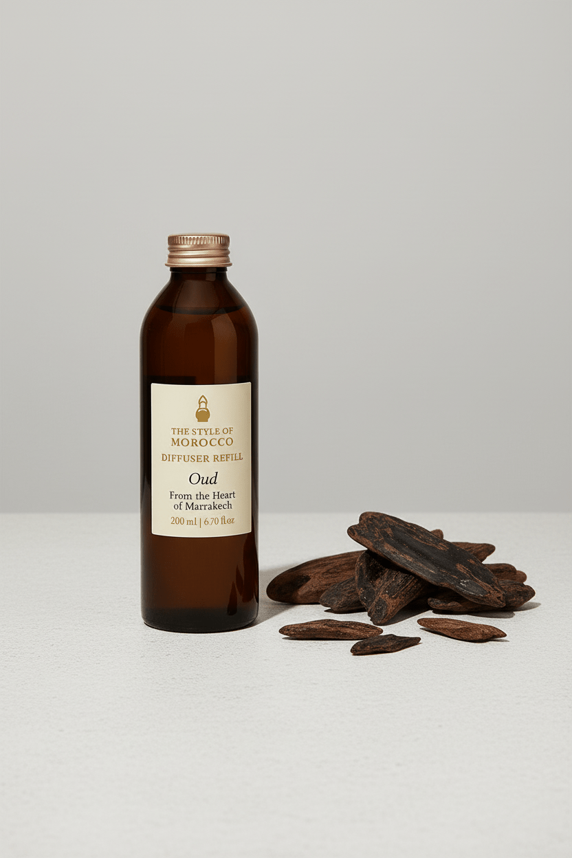 Afbeelding van een 200 ml diffuser navulling van The Style of Morocco, met luxe Marokkaanse geuren.