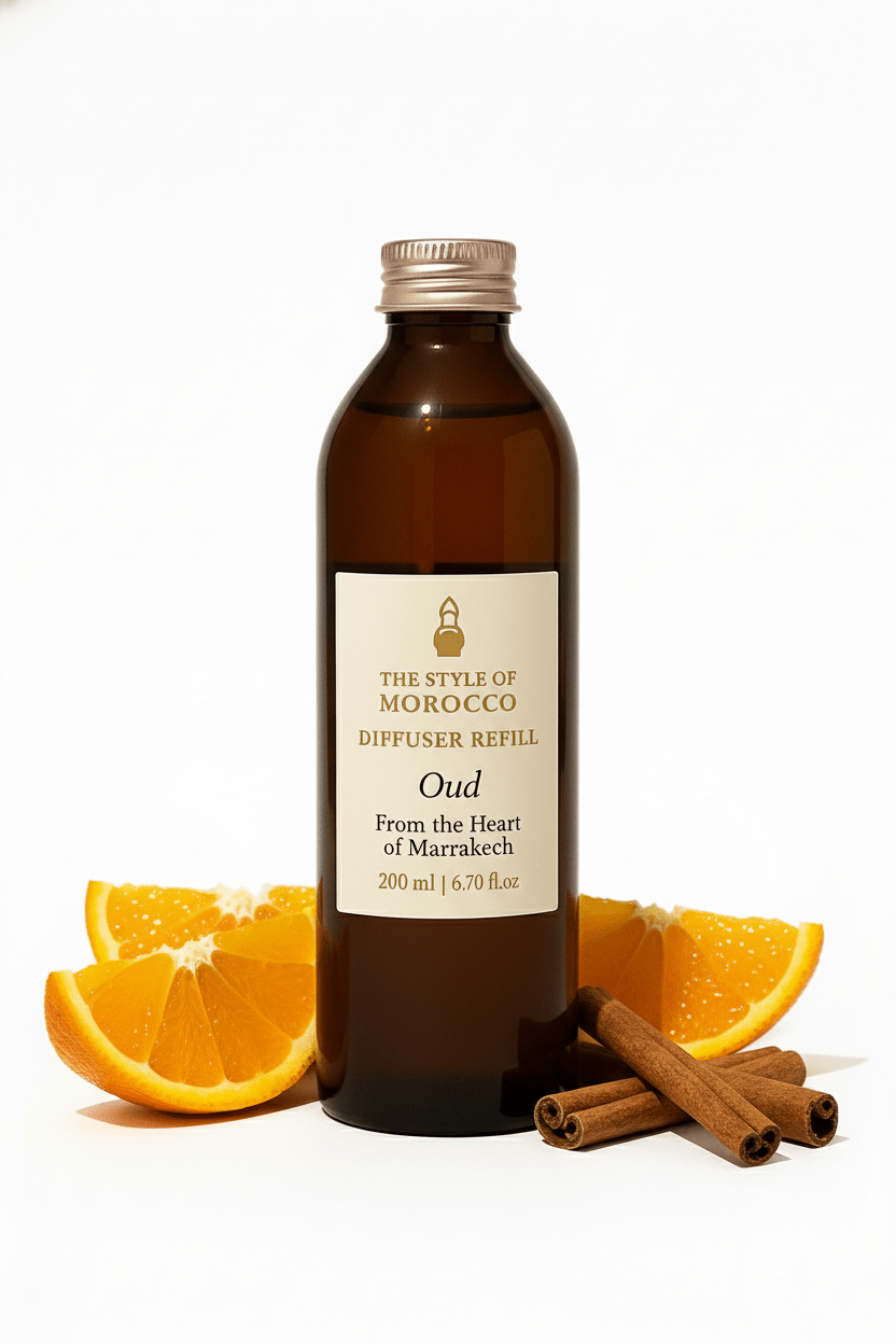Afbeelding van een 200 ml navulling voor een diffuser van The Style of Morocco, met luxe geurvarianten.