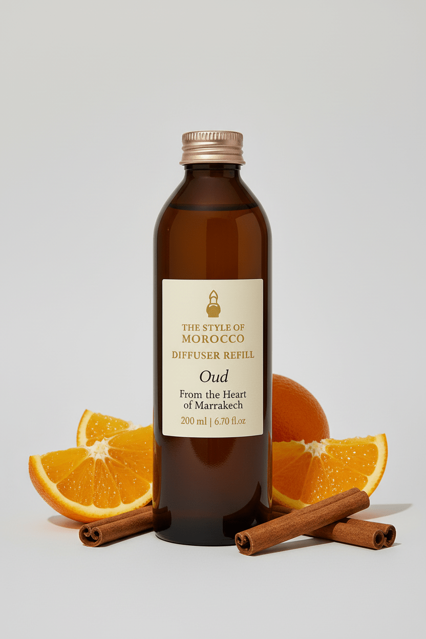 Afbeelding van een 200 ml diffuser navulling van The Style of Morocco in een elegante fles.